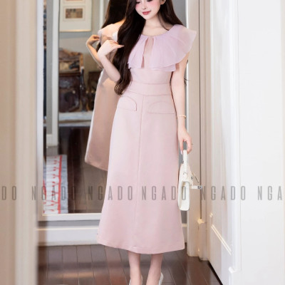 Đầm hồng phối voan NGADO , đầm dự tiệc , đầm công sở