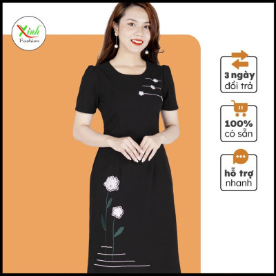 Đầm Suông A Hoa Thêu Đen DL874