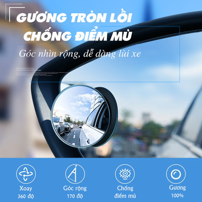 Bộ 2 Gương Cầu Lồi cho xe ô tô, gương cầu lồi cho xe ô tô, Tràn Viền Xoay 360 độ Gắn Cho Kính Gương Chiếu Hậu Tránh Điểm Mù Cho Xe Hơi, Xe Ô tô - Hàng Chính Hãng