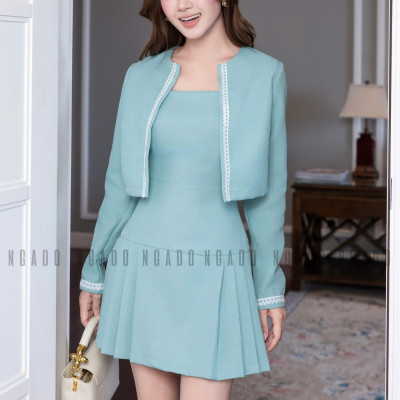 Set áo váy xanh mint dài tay NGADO , set áo váy , set dự tiệc , công sở