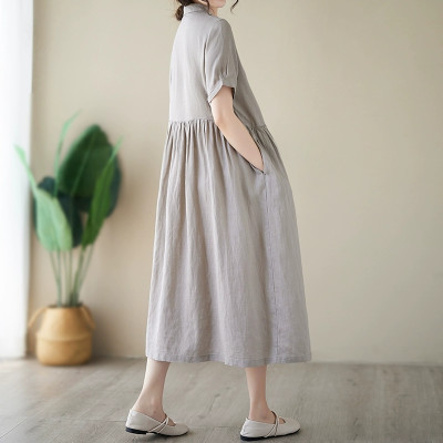Đầm linen dáng dài, suông công sở cổ tròn linen tay cộc kèm dây eo, đầm đũi form rộng Haint Boutique Da169