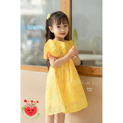 Đầm babydoll hoa cho bé gái tay phồng phong cách Hàn Quốc từ 12-35kg chất vải tơ mềm mát