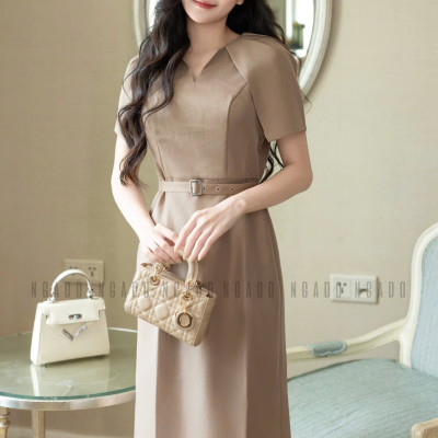 Đầm nâu tay xếp ly NGADO , đầm công sở , đầm dự tiệc