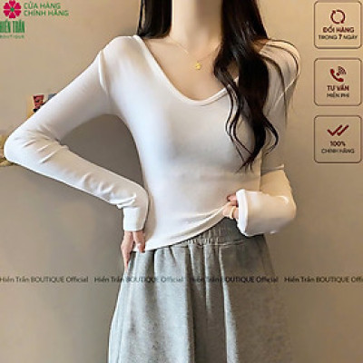 Áo thun nữ cổ tim Hiền Trần BOUTIQUE dài tay dáng lỡ crop mặc thu đông chất cotton co giãn Top Women A9