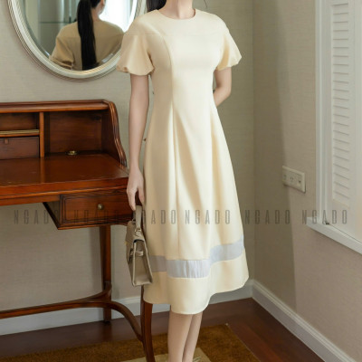 Đầm kem dài cổ tròn NGADO , đầm dài , đầm cổ tròn