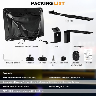 Máy Nhắc Chữ Di Động 12 Inch Dành Cho Máy Ảnh Và Máy Quay, Hỗ Trợ Kẹp Ngang Dọc, Điều Khiển Từ Xa Lensgo TC12 - Hàng Nhập Khẩu