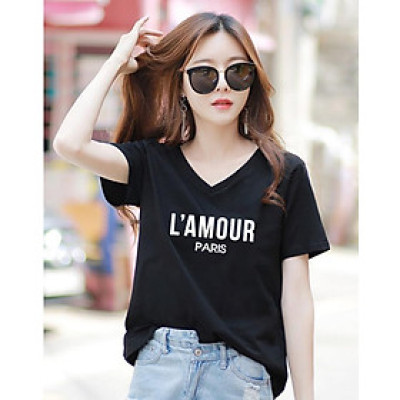 Áo thun nữ MXM form rộng cổ tim in chữ L