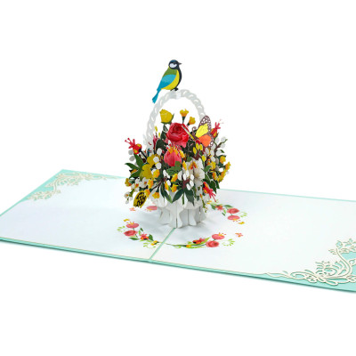 Thiệp 3D Pop Up Giỏ Hoa & Chim – Thiệp Hoa Chúc Mừng, Sinh Nhật, Tri Ân, Độc Đáo, F18