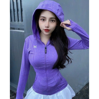 Áo khoác nữ vải thun dệt kim đi nắng, tập thể thao co giãn tốt, có nón 2 túi ngoài dây kéo