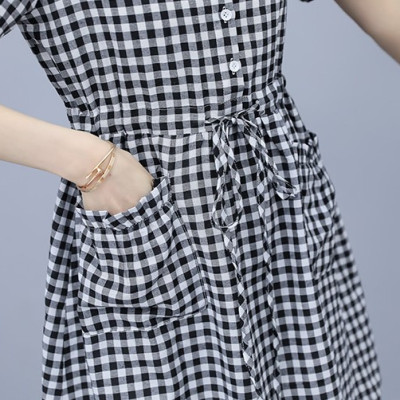 Đầm suông sơ mi form rộng kẻ caro, Đầm sơ mi nữ dáng dài tay ngắn phong cách công sở Haint Boutique Da174