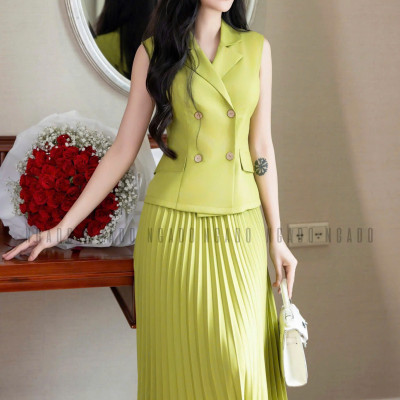 Set áo váy xanh bơ xếp ly NGADO , set áo váy nữ , set công sở , dự tiệc