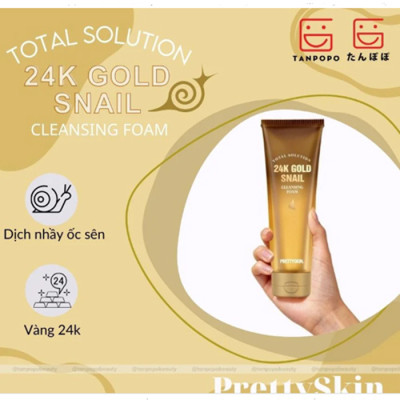 Sữa rửa mặt Ốc Sên dưỡng ẩm trắng da, ngăn ngừa lão hóa Prettyskin Total Solution 24K Gold Snail Cleansing Foam 150ml tặng móc khóa