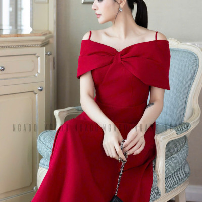 Đầm đỏ bẹt vai NGADO , đầm xòe dáng dài , đầm dự tiệc
