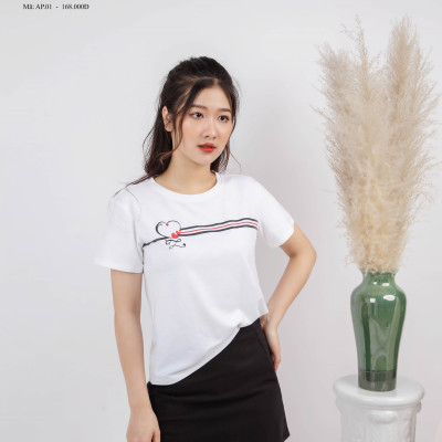 Áo phông ngắn tay, áo thun nữ cộc tay Vicci AP.01.6 chất liệu cotton vân gỗ in hoạ kẻ