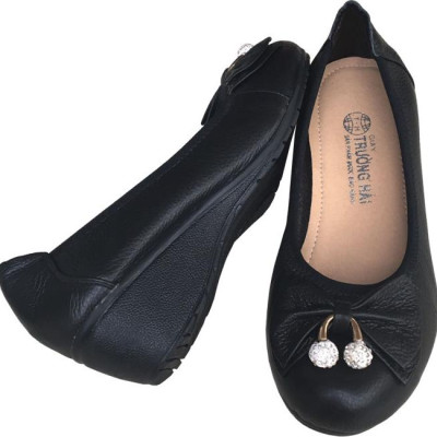 Giày nữ đế xuồng Trường Hải cao 3cm  đính bông chuông da bò thật cao cấp mềm mại đế cao su DX177