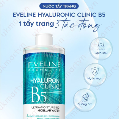 Nước Tẩy Trang Eveline Hyaluron Clinic B5 Và Tinh Chất Rau Má Làm Dịu, Dưỡng Ẩm Phục Hồi Da 500ML
