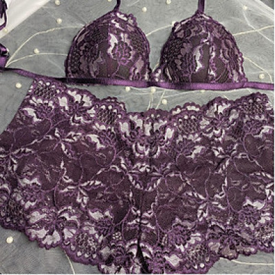 Bộ Nội Y Thiết Kế Ren Cao Cấp Tím Than Có Mút Quần Đùi