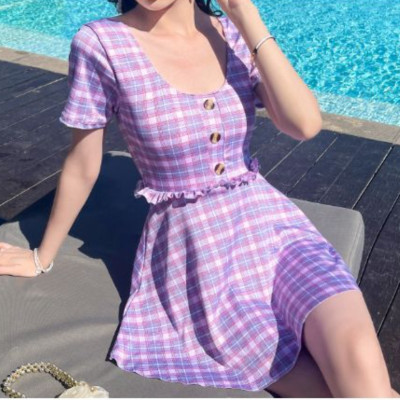 Bộ đồ bơi bikini kín đáo nữ giấu bụng đi tắm biển váy liền áo cộc - B.45