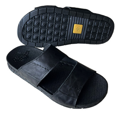 Dép  da Nam quai ngang đế cao 3.5cm Trường Hải may viền da bò thật Màu đen QN155 