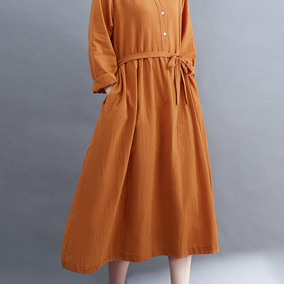 Đầm linen suông nữ  cổ sơ mi dài tay, tặng kèm dây thắt eo, thời trang nữ thu đông NH185