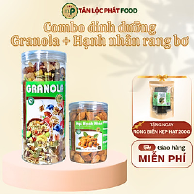 (Tặng Rong Biển Kẹp Hạt Túi 200G) Combo Hạt Dinh Dưỡng Granola Hũ 500g + Hạnh Nhân Rang Bơ Hũ 250g