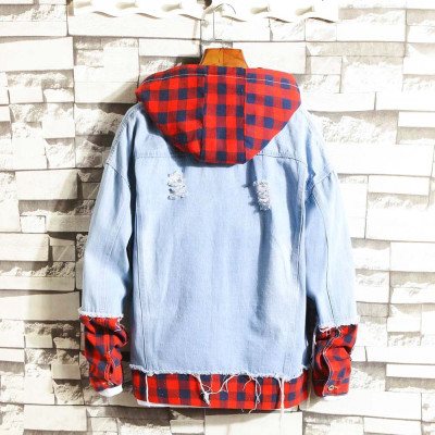 Áo khoác Jeans Nam Unisex phối nón Caro sọc đỏ cao cấp