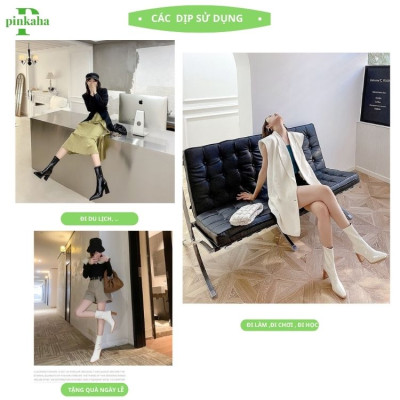 Giày Bốt Nữ Da Bóng Trắng Đen Ôm Chân Đẹp Gót 7 Phân Cổ cao Mũi Nhọn Không Có Khóa