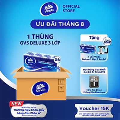 [MUA 1 THÙNG GVS DELUXE TẶNG 1 LỐC GVS DELUXE + ẤM TRÀ] Giấy vệ sinh cao cấp Vinda Deluxe 3 lớp (8 Cuộn)