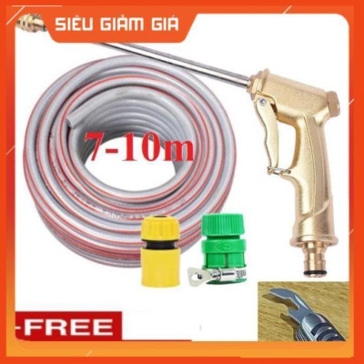 Bộ dây vòi xịt nước rửa xe, tưới cây . tăng áp 3 lần, loại 7m, 10m 206701-3 đầu đồng, cút,nối vàng+ tặng mở chai