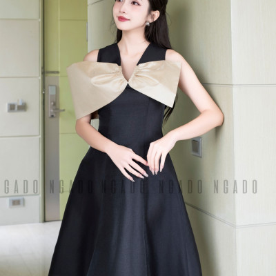 Đầm đen tay nơ NGADO , Đầm xòe , Đầm dự tiệc