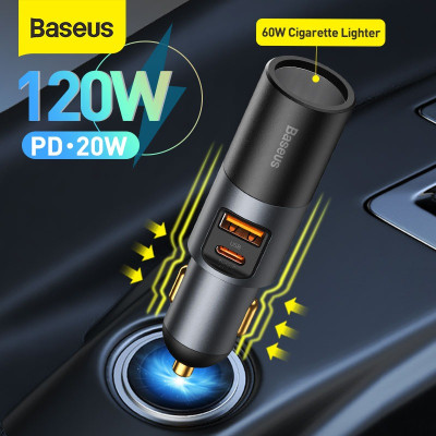 Tẩu sạc nhanh mở rộng 120W Baseus Share Together Fast Charge dùng cho xe hơi (120W, TypeC / USB Port, QC / PD3.0 Car Quick Charger with Cigarette Lighter Expansion Port ) - Hàng chính hãng