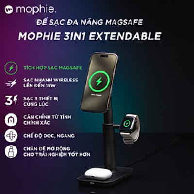 Đế sạc đa năng Mophie 3in1 extendable, sạc nhanh 3 thiết bị, BH 2 năm 1 đổi 1 - Hàng chính hãng