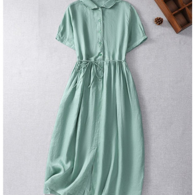 Đầm Linen Nữ Form Suông Cổ Sen, có dây buộc eo, thoáng mát Da216