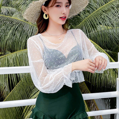 Bộ đồ bơi bikini nữ 1 mảnh đi tắm biển kèm áo croptop ren trắng chấm bi tiểu thư hot trend 2021- B05