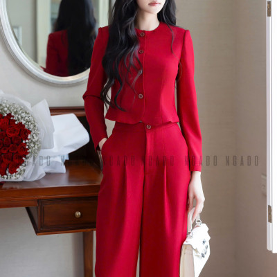 Set áo quần đỏ đô cổ tròn NGADO , set áo quần dài , set công sở , dạo phố